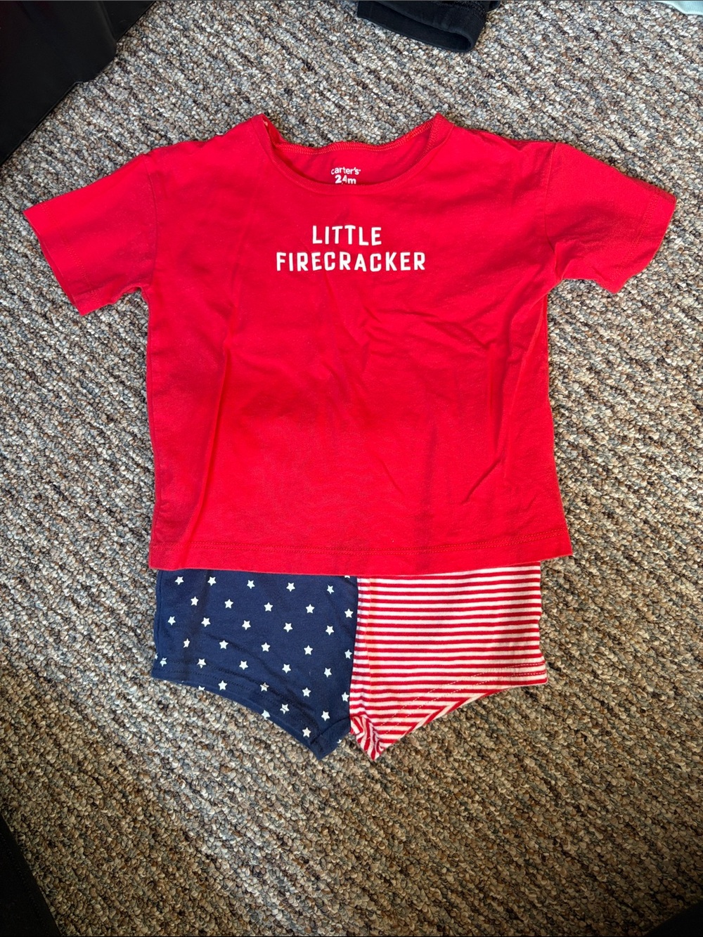 Carter's Red 'Little Firecracker' Tee with Navy Star & Red-White Striped Shorts